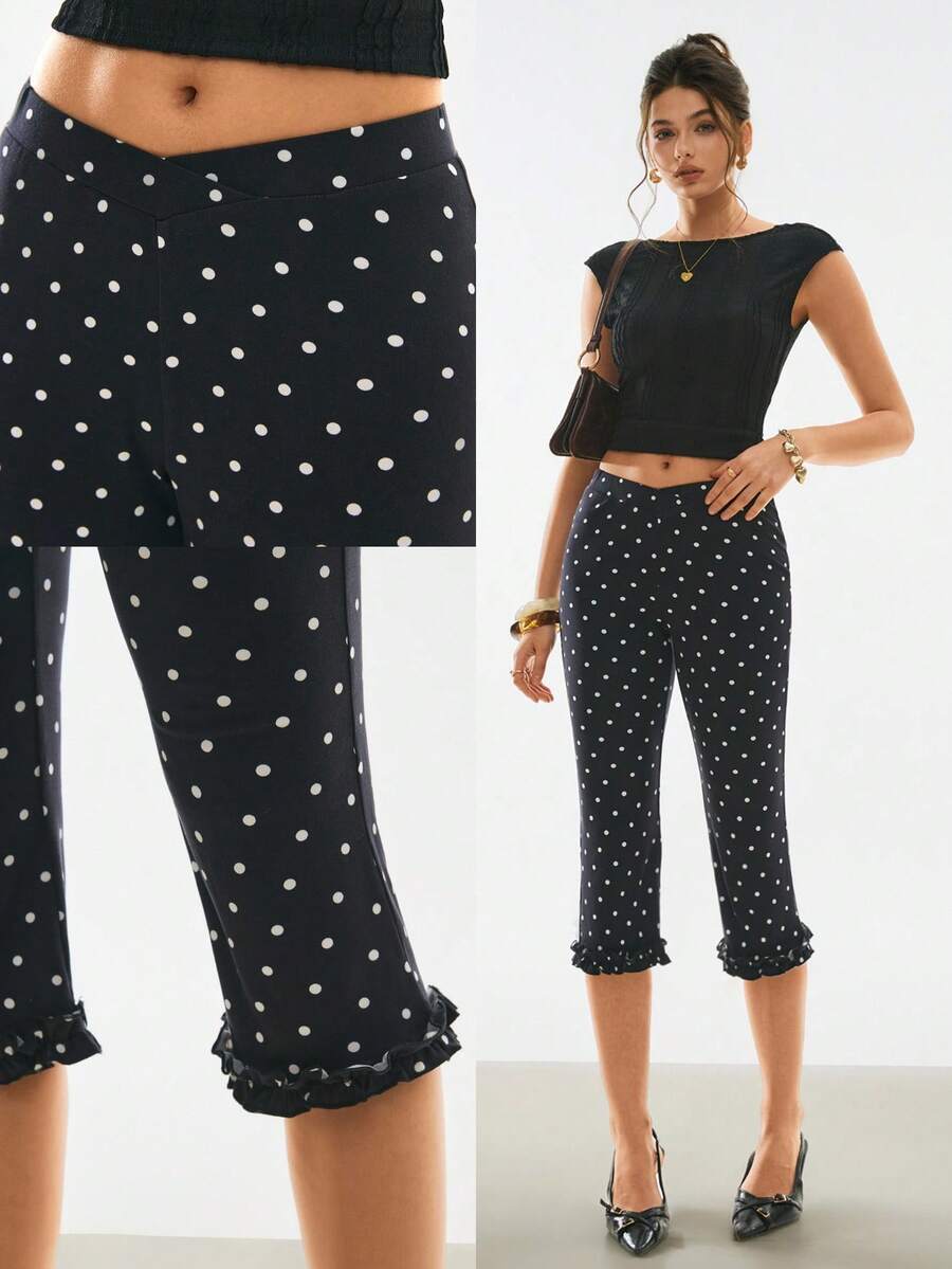Poéselle Women's Polka Dot Pattern Casual Fashionable Capri Pants - Black - View 1