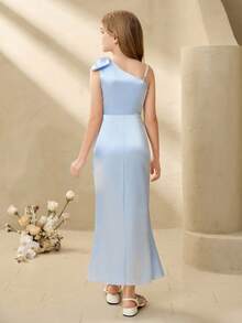 Women's Elegant Jacquard Satin One-Shoulder Bowknot Waist-Cinched High-Slit Dress, Suitable For Weddings, Galas, Birthdays, Parties, All Seasons - Blue - View 2