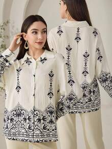 Veilorie Camisa casual holgada de mujer con bordado de plantas y abotonadura sencilla - Multicolor - Ver 1