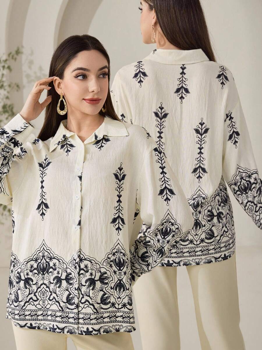 Veilorie Camisa casual holgada de mujer con bordado de plantas y abotonadura sencilla - Multicolor - Ver 1