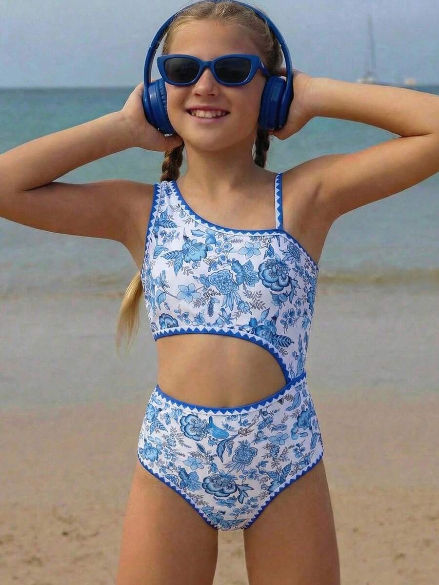 SHEIN 少女花卉撞色贝壳刺绣连体泳衣，适合夏季度假 - 藍白色 - 查看 1