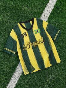 ROMWE MEN Prep Men's Casual Hollow-Out Knitted Letter Embroidery Short Sleeve Top, Summer - Green - View 1