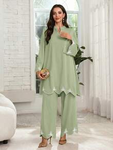 Lacomfia Women's V-Neck Embroidered Loose 2 Pieces Set, Spring/Summer Clothes For Ladies Blouse And Pants Set Formal For Women - Green - View 6