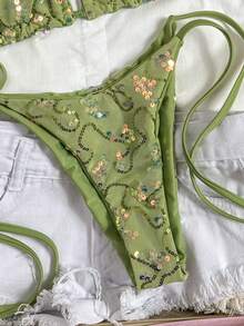 Costavie Set bikini sexy cu 2 piese, sutien triunghiular din material special, cu paiete colorate, și slip de baie cu legături laterale, set bikini sexy, primăvară/vară, model boho, set bikini verde modest, set bikini verde salvie cu legături, seturi două piese pentru femei, costum de baie camuflaj matcha, costum de baie pentru femei, două piese, bikini pentru femei, 2 piese, ținute de vară pentru femei, 2 piese - Verde măsline - Vizualizare 5