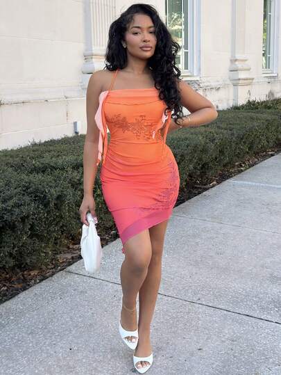 Alexandranx 女士渐变橙色水钻花卉荷叶边迷你连衣裙，适合节日、约会、下午茶、海滩、游轮、海岛度假、城市旅行、音乐节、波西米亚风度假、派对，可内外穿着，沙滩套装