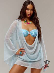 Musera Resort 透明亮片网纱长袖深V领迷你连衣裙，适合泳装、度假、夏季旅行、沙滩装，卡萨卡利普索音乐节风格 - 玫紅色 - 查看 1