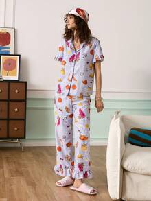 Plaid Fruit & Seafood Print Ruffle Collar Short Sleeve Women Pajama Set, Casual & Leisure - Multicolor - View 3