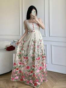 Celisse 女士方领花瓣袖网纱刺绣腰部连衣裙 - 杏色 - 查看 1