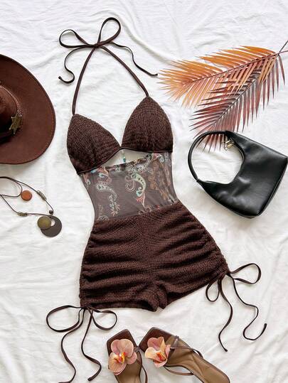 Soleia Women's Casual Vacation Vintage Paisley Print Patchwork Pleated Hollow Out Halter Romper, Suitable For Beach, Cruise, City Vacation In Spring/Summer