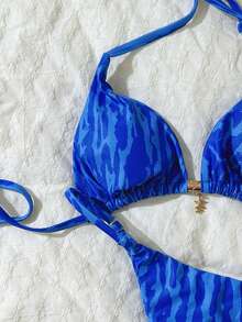 Elavelle Spring Break Women's Sexy Printed Spaghetti Strap Metal Decor Bikini Swimsuit Set - Multicolor - View 4