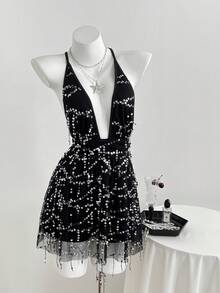 Elamini Sexy Sassy Fringed Sequin Sheer Mesh Criss-Cross Deep V Backless Jumpsuit, Fitted A-Line, Spring/Summer - Black - View 5