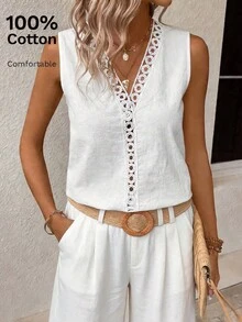 SHEIN LUNE Guipure Lace Panel Sleeveless Blouse - White - View 3