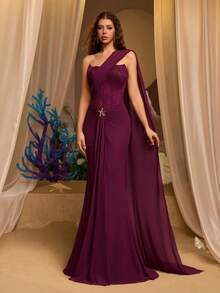 Glamrae 优雅奢华不对称肩部法式刺绣无肩带不对称亮片紧身连衣裙，腰部褶皱设计，裙摆呈喇叭形，适合节日、婚礼、晚宴、音乐会、商务活动和社交媒体达人场合穿着。 - 酒紅色 - 查看 1