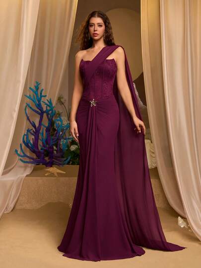 Glamrae Đầm ôm sát cơ thể sang trọng, thanh lịch với thiết kế bất đối xứng vai, thêu kiểu Pháp, cúp ngực đính sequin, eo xếp ly và chân váy xòe, phù hợp cho các lễ hội, đám cưới, dạ hội, hòa nhạc, sự kiện kinh doanh và các dịp dành cho người nổi tiếng trên mạng xã hội.