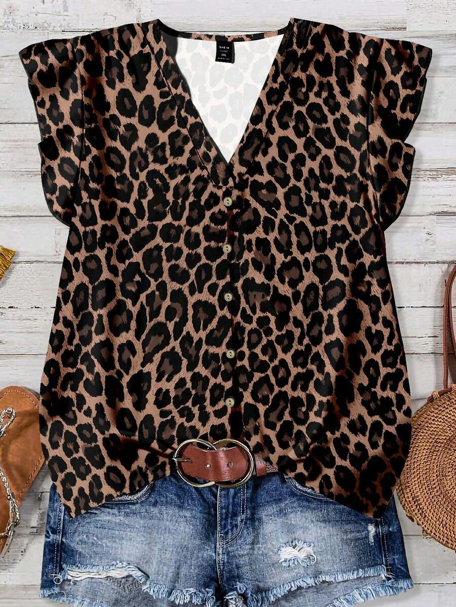 Mellowie 休闲简约度假复古豹纹图案女式V领纽扣短袖大码衬衫，适合海滩、度假、夏季外出穿着。 - 彩色 - 查看 1