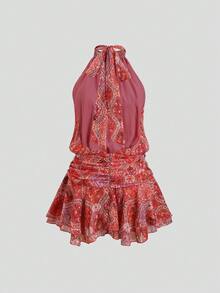Sweetra Women's Elegant Floral Print 3D Flower Decor Halter Neck Ruched Waist Ruffle Hem Red Mini Dress, Sexy Beach Dress With Vacation Vibe, Vintage Floral Print Sleeveless Halter Neck Backless Ruched Waist Ruffle Hem Pink Mini Dress - Red - View 3