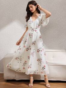 Rafferiza 女士夏季法式优雅休闲设计薄纱雪纺印花V领荷叶袖系带修身长款休闲连衣裙 - 杏色 - 查看 6