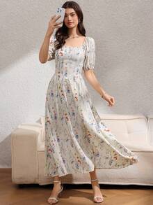 Rafferiza 女士优雅休闲宫廷风简约方领花瓣袖露背收腰飘逸印花长裙，夏季 - 杏色 - 查看 3