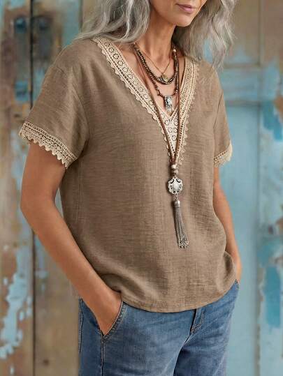 EMERY ROSE Women's V-Neck Casual Versatile Daily Wear Short Sleeve Shirt