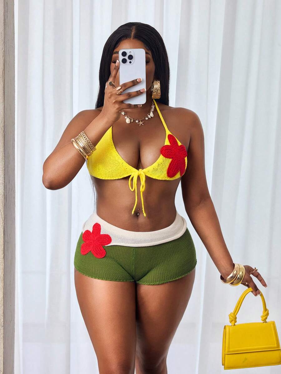 BamGleam Bộ đồ hai mảnh nữ thanh lịch, gợi cảm, thắt dây sau lưng, họa tiết hoa 3D. - xanh quân đội - Xem 1