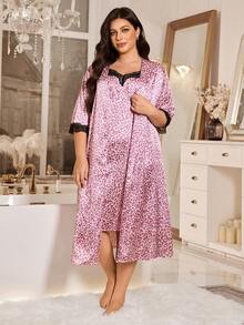 MuseNap CURVE Bộ đồ 2 món cỡ lớn thanh lịch họa tiết da báo, chất liệu giả lụa phối ren tương phản, gồm áo choàng và váy hai dây tay lửng, kèm áo camisole. - Hồng - Xem 5