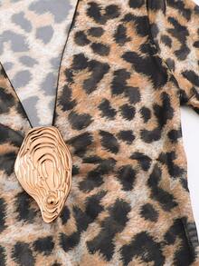 Swim SXY 女士性感豹纹深V领长袖修身鱼尾长裙，饰有金属装饰，适合春夏海滩度假。豹纹长裙，动物纹长裙，长袖罩衫，女士沙滩装，带袖长裙，动物纹泳装罩衫，泳衣罩衫，比基尼罩衫，带袖连体泳衣。 - 彩色 - 查看 6