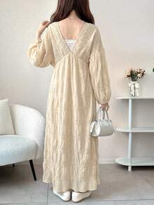 FRIFUL Women's Brown Textured Fabric Drawstring Tie Waist Dress, Long Dress For Autumn Outings - Beige - View 2