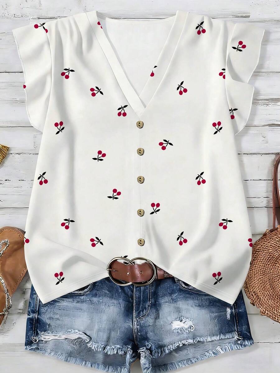 EMERY ROSE Fashionable Casual V-Neck Front Rivet Ruffle Sleeve White Base Cherry Print T-Shirt - Multicolor - View 1