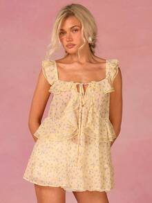 Athîral Women's Summer Casual Ditsy Floral Ruffle Hem Camisole - Yellow - View 3