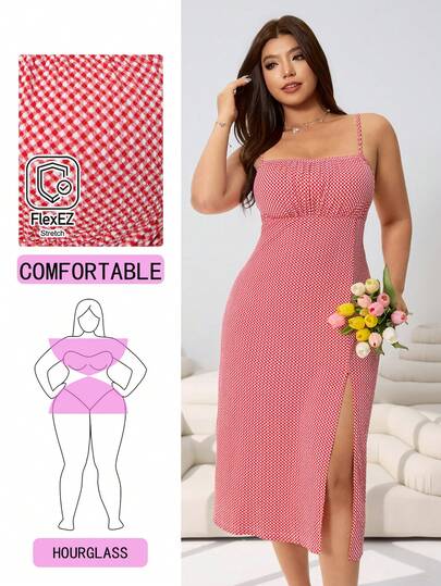 Solflare Vestido casual nuevo de primavera/verano, adecuado para salir, uso diario, fiestas, festivales de música, regreso a la escuela, graduación, vacaciones, bodas, ropa urbana, ocio, hogar, visitas a la tienda, paseos por la ciudad, uso en múltiples ocasiones, textura a cuadros rojos y blancos, tejido elástico, tirantes de espagueti, fruncido en el pecho, abertura alta, largo medio, tallas grandes