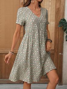 EMERY ROSE Women's V-Neck Allover Print Pleated Casual Summer Short Dress - Multicolor - View 4