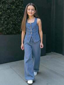 Firerie Kids Firerie Kids Conjunto de chaleco vaquero y pantalones de niña preadolescente de estilo casual de verano - Lavado ligero - Ver 1