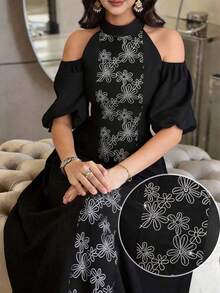Al Najma Women's Floral Print Hollow Out Stand Collar Arabic Style Dress - Black - View 1