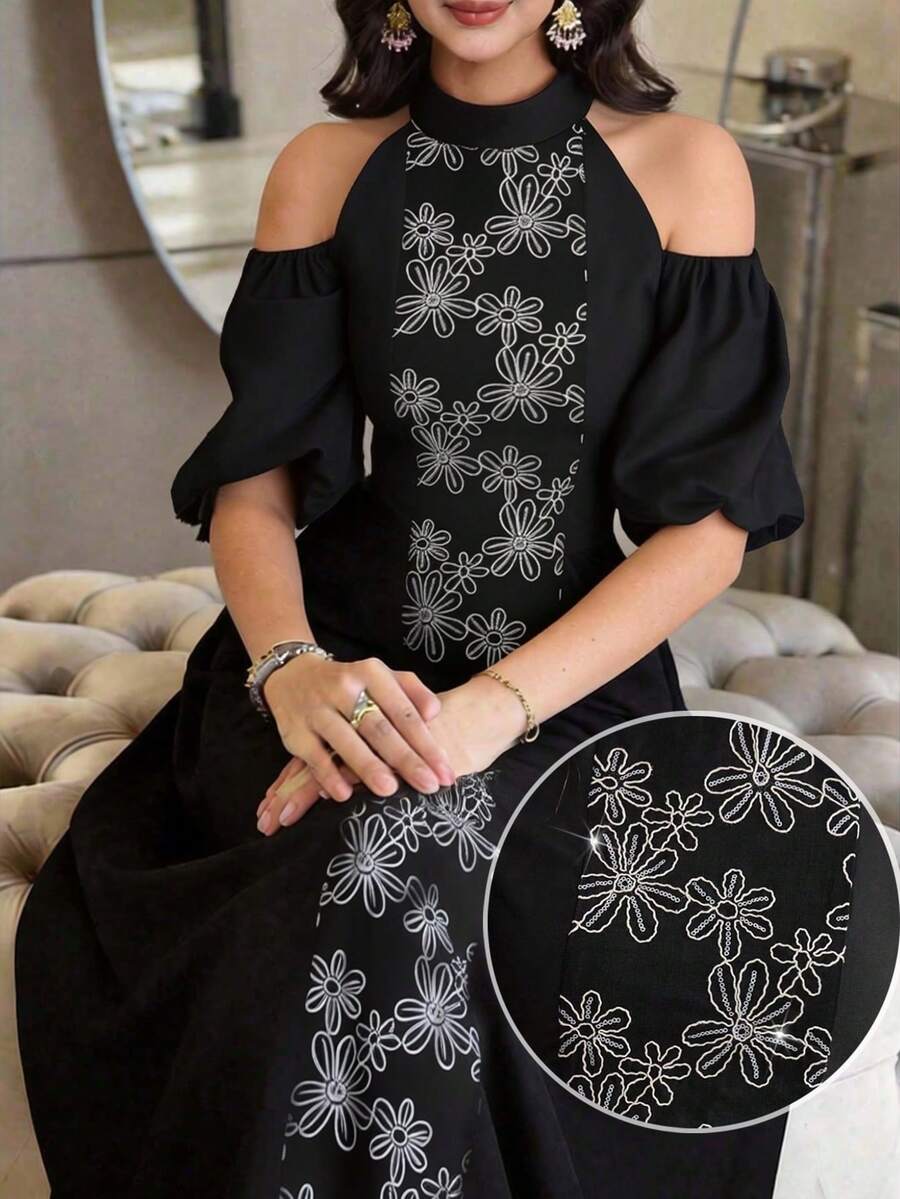 Al Najma Women's Floral Print Hollow Out Stand Collar Arabic Style Dress - Black - View 1