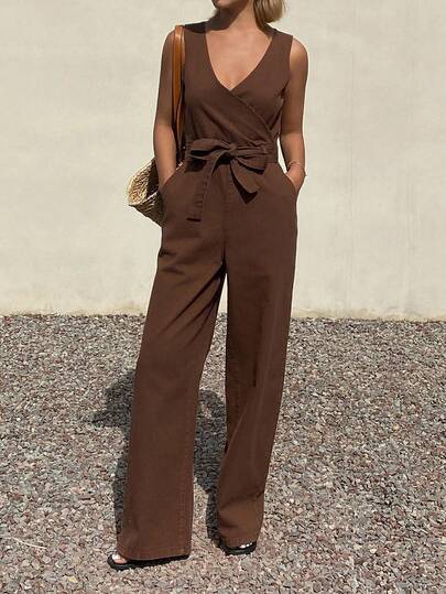 Livesso Women's Vacation Casual Solid Color Sleeveless Denim Jumpsuit