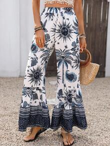 Silhoulove Quần ống rộng in họa tiết nhiệt đới dành cho nữ, kiểu dáng thường ngày. - Màu xanh lam - Xem 3