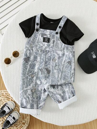 SHEIN Unisex Newborn Baby Boy/Girl Casual Fashionable Camouflage Bib Pants Romper, Spring/Summer Baby Boy Clothes, Streetwear