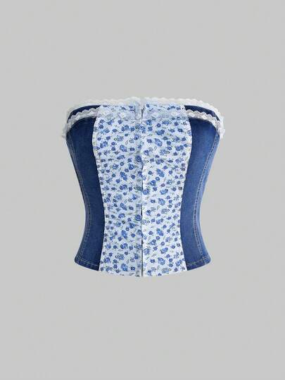 ROMWE Fairycore 复古田园风花卉拼接牛仔蕾丝边抹胸上衣