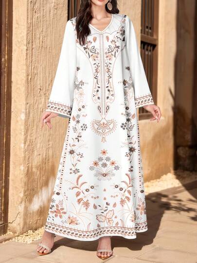 SHEIN Najma Vintage Floral & Plant Retro Pattern Print Women's Long Floral Dress, V-Neck Long Sleeve Dress, Elegant Arabic Style, Spring/Summer
