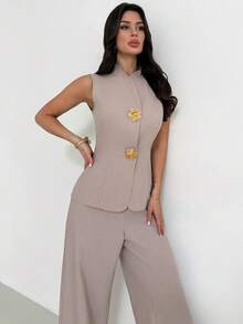 Firerie 女士春夏新款优雅亚麻竹编打结圆领收腰纽扣衬衫搭配高腰直筒阔腿裤套装，亚麻日常通勤度假装，通勤、优雅、休闲、工作服 - 杏色 - 查看 4