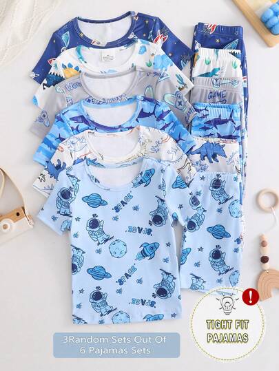 [Randomly 3 Sets] Kids' Cute Cartoon Print Short Sleeve Shorts Knit Snug Fit Pajama Sets Snug Fit Boys Dinosaur Clothes