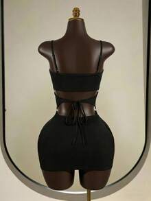 SaltGleam SaltGleam Y2K性感镂空露脐吊带连衣裙，夏季无袖紧身露背迷你裙（黑色） - 黑色 - 查看 2