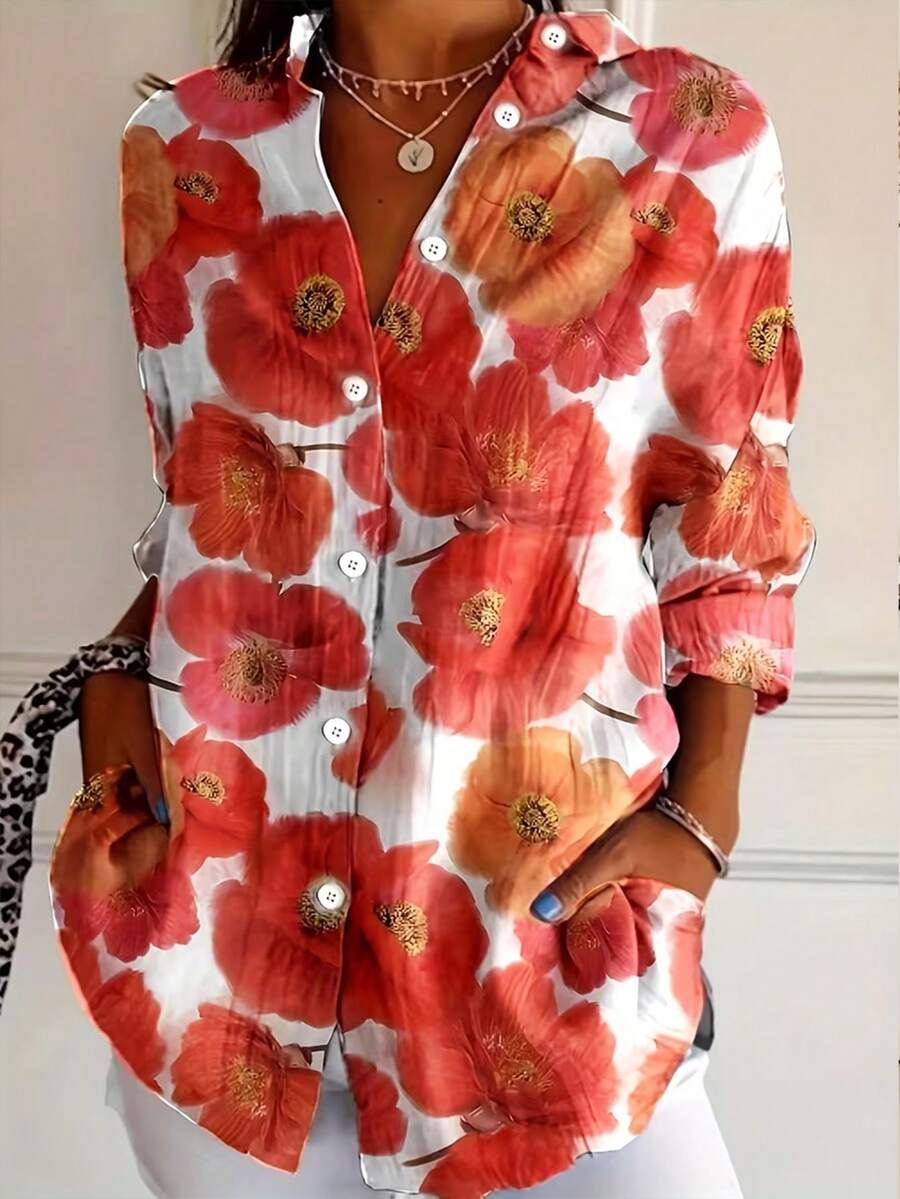 EMERY ROSE Women's Floral Print Vacation Shirt, Retro Tropical Vibe Blouse - Multicolor - View 1
