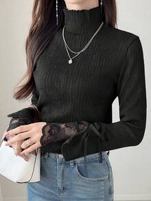 FRIFUL 女款純色高領長袖紋理布料蕾絲拼接修身休閒百搭T恤，秋冬校園風 - 黑色 - 查看 4