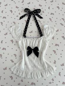 Elamini 白色蕾丝边饰黑色雪纺波点二合一喇叭袖蝴蝶结装饰修身荷叶边下摆T恤，甜美可爱浪漫复古学院风日常百搭女款春夏装 - 白色 - 查看 6