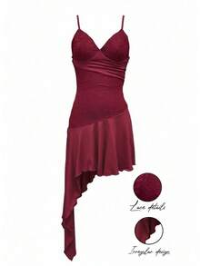 INAWLY Đầm hè nữ thanh lịch với ren tương phản, vạt áo bất đối xứng xếp nếp, dây mảnh. - Màu Đỏ Sâu - Xem 7