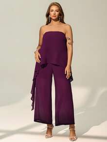 Auralis 新款夏季情人节紫红色大码飘逸浪漫性感两件套/无肩带紫色不对称荷叶边下摆大码女式上衣和阔腿裤/飘逸两件套/优雅通勤美人鱼风套装 - 中紫紅色 - 查看 5