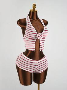 SaltGleam SaltGleam 女士性感深V领系带超低腰条纹迷你短裤两件套，夏季度假 - 彩色 - 查看 7