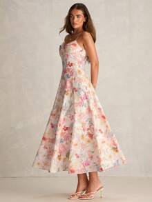 Enchnt 女士印花优雅收腰长吊带连衣裙，适合夏季派对 - 黃色 - 查看 5