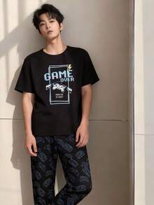 2件套青少年男童极简时尚游戏元素印花短袖上衣搭配经典游戏手柄印花宽松牛奶丝针织裤家居服套装 - 彩色 - 查看 5